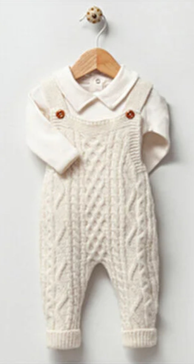 Chunky Cable Knit Baby Dungaree & Bodysuit Set - Cream