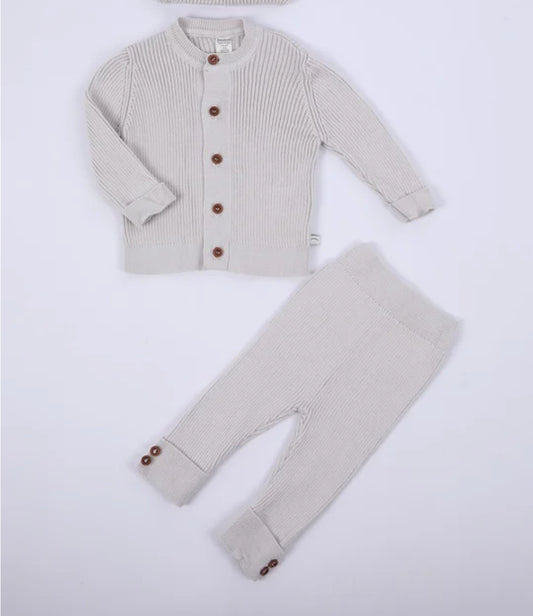 Organic Cotton Greige Knitted Baby Cardigan & Trouser Set
