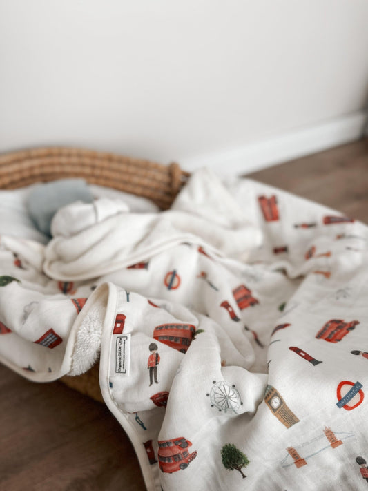 London Print Double Sided Muslin & Fleeced Baby Blanket - Organic little one