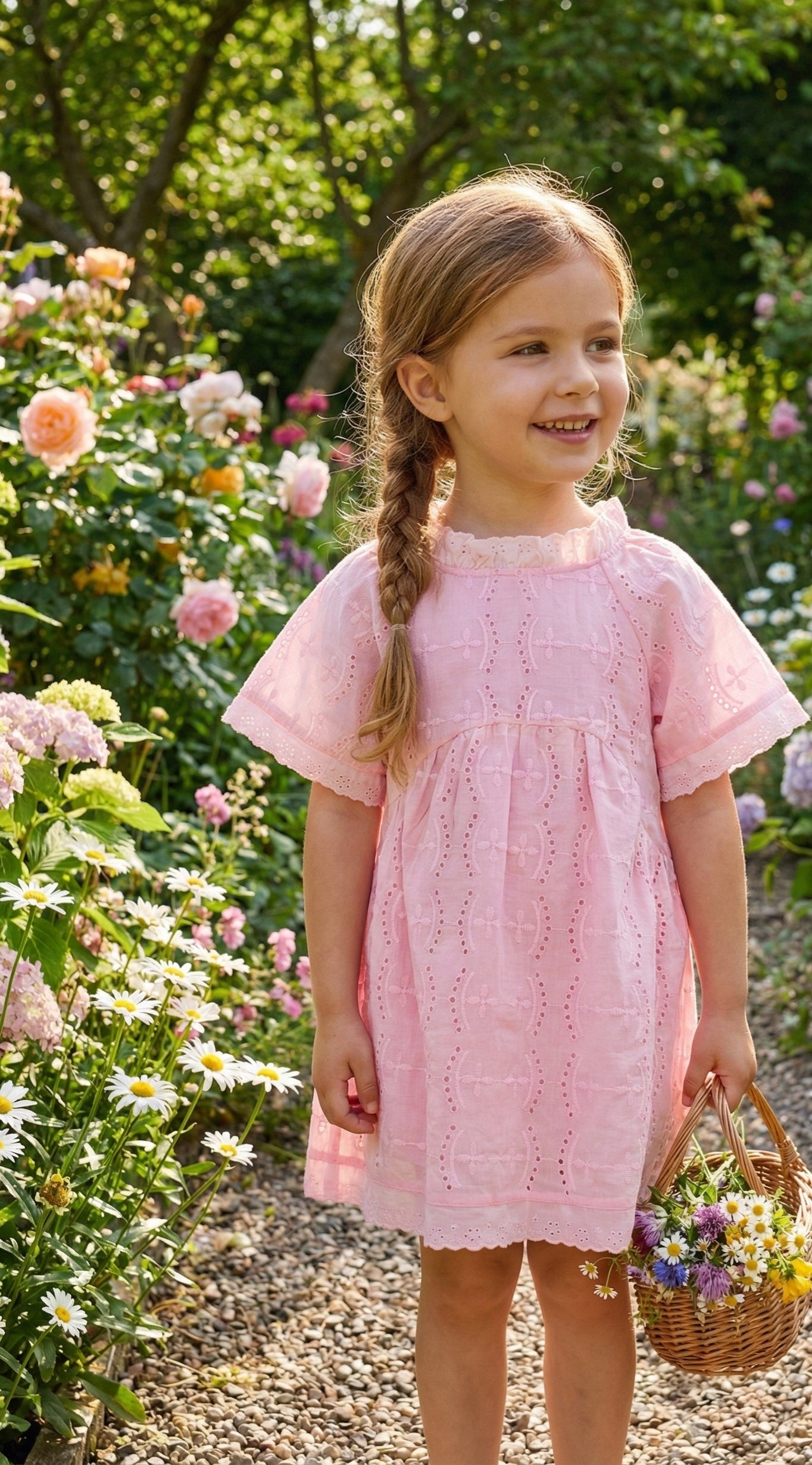 Girls - Pink Organic Cotton Summer Dress | Broderie Anglaise | Sizes 2–6 Years