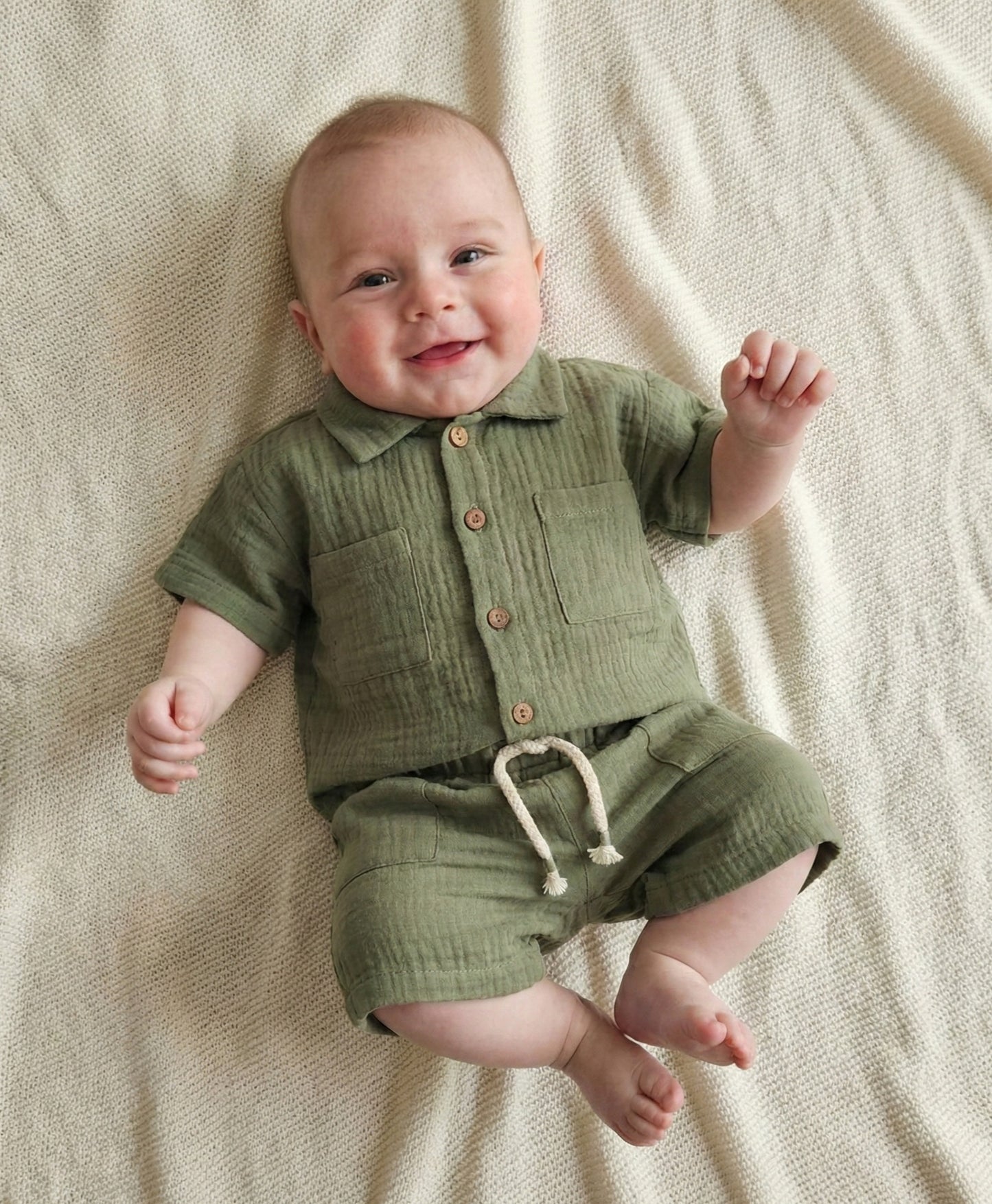 Organic Muslin Cotton Baby Boys Summer Olive Green Shorts Set Breathable 2-Piece Outfit (6-24 Months)