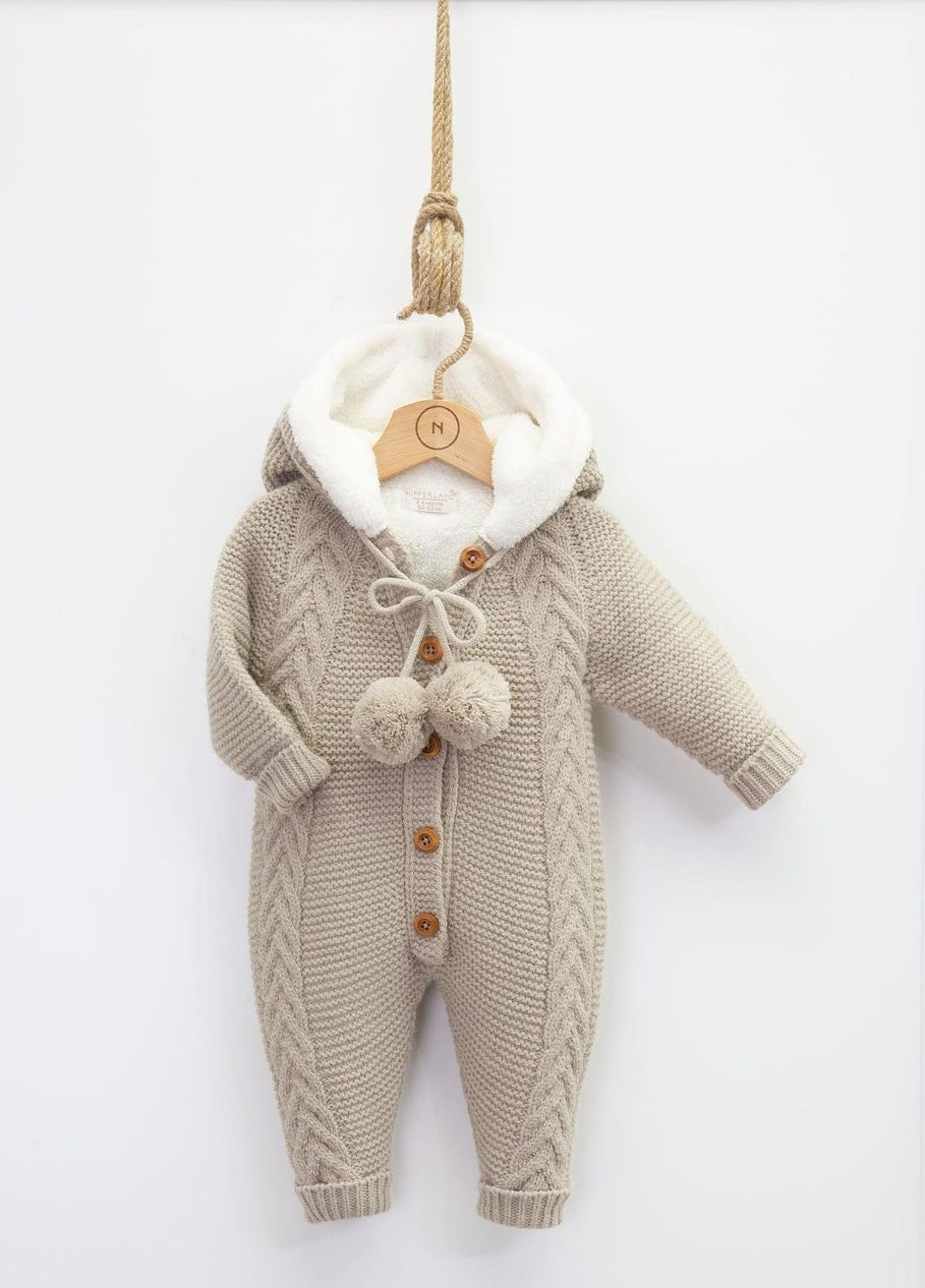 Pom Pom Knitted Pramsuit-Griege