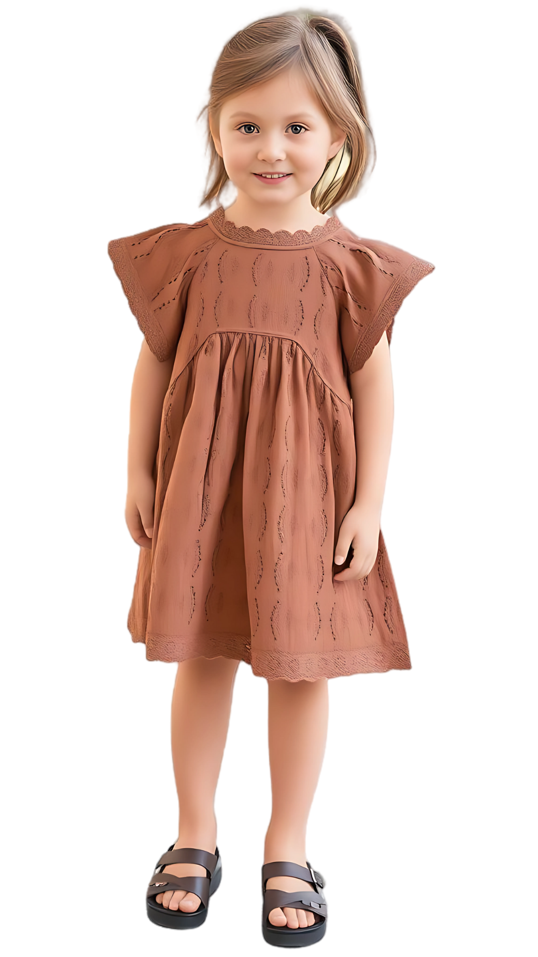 Girls - Brown Organic Cotton Summer Dress | Broderie Anglaise | Sizes 2–6 Years