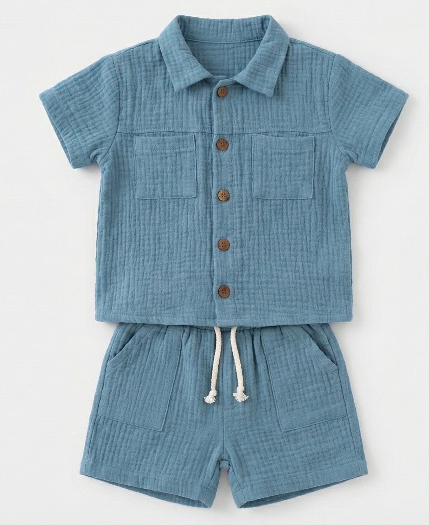 Organic Muslin Cotton Baby Boys Summer Blue Shorts Set — Breathable 2-Piece Outfit (6-24 Months)