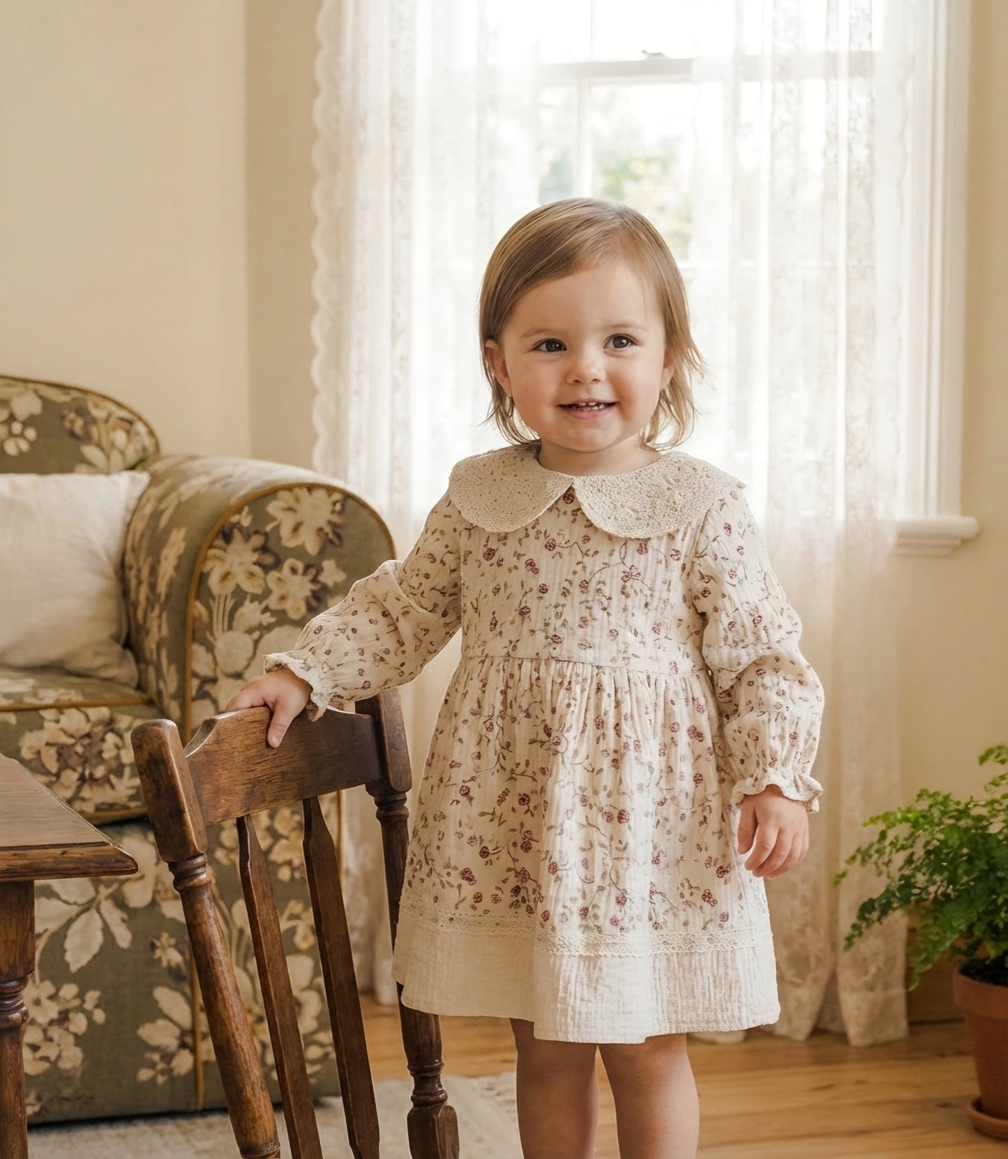 Vintage Floral Muslin Cotton Dress with Lace Collar | Baby & Toddler