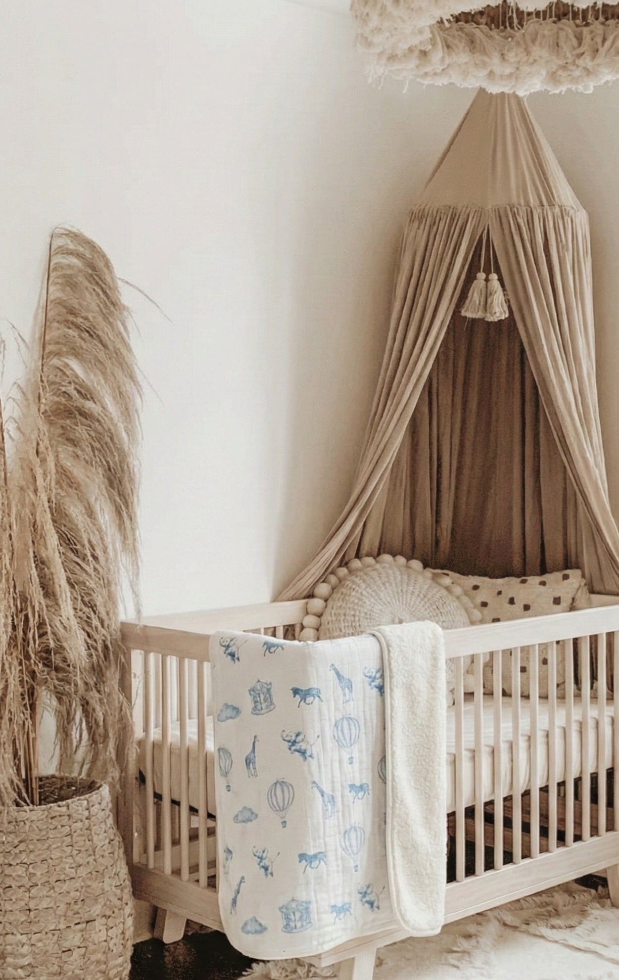 Blue Safari Balloon Organic Muslin & Cotton Sherpa Double-Sided Baby Blanket (90 × 110 cm)