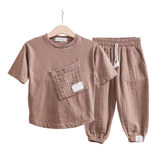 Kids Cotton Gauze Relaxed Set -Coffee