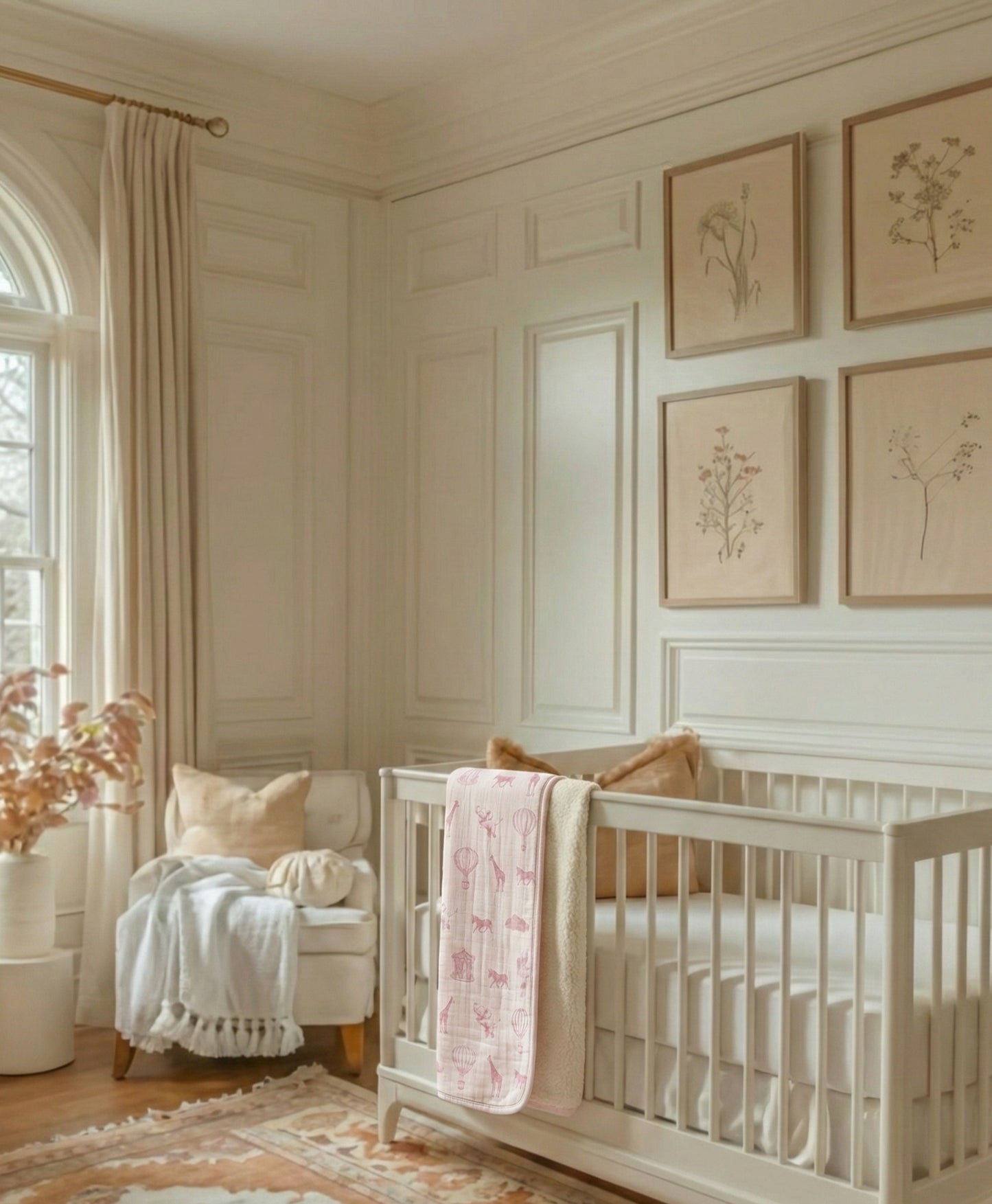 Blush Pink Safari Balloon Organic Muslin & Cotton Sherpa Double-Sided Baby Blanket (90 × 110 cm)