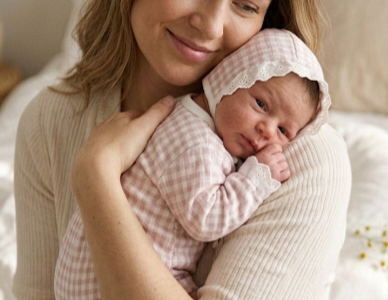 Dusky Rose Gingham Lace Sleepsuit & Matching Bonnet