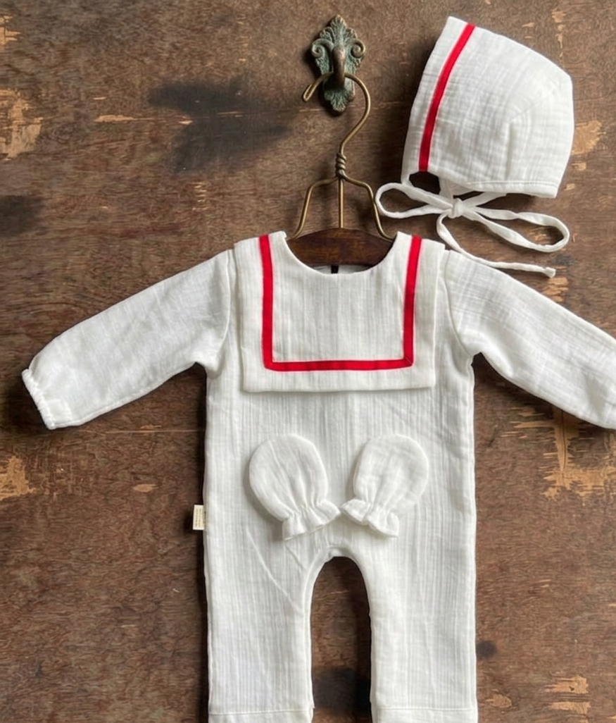 The First Voyage Sailor Romper & Bonnet Set – Red Trim
