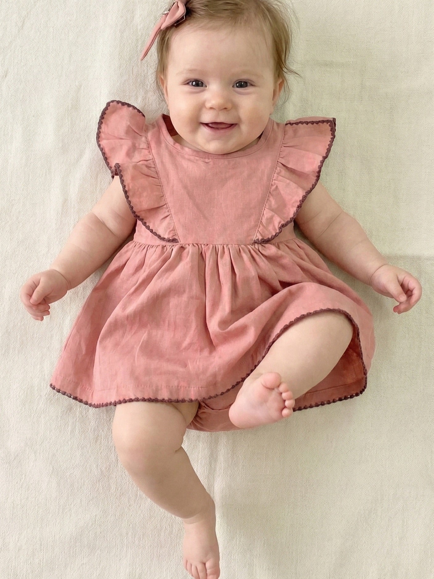 Linen Ruffle Baby Girl Dress with Matching Hair Clip Set -Coral