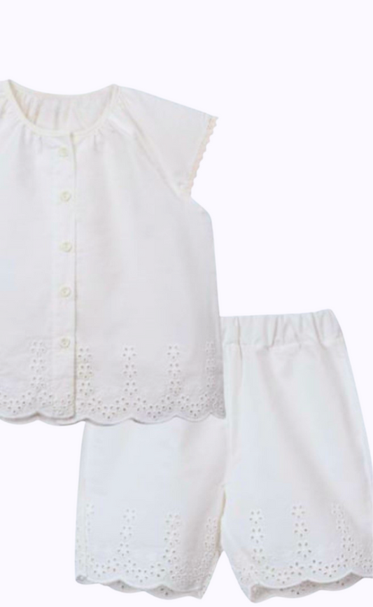 Girls' Broderie Anglaise Cotton Short Set – White (2-3 Years, 3-4 Years, 4-5 Years, 5-6 Years)