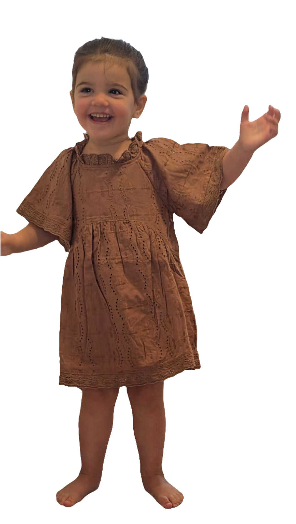 Girls - Brown Organic Cotton Summer Dress | Broderie Anglaise | Sizes 2–6 Years