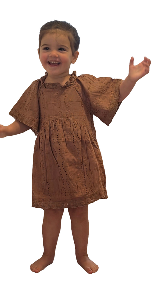 Girls - Brown Organic Cotton Summer Dress | Broderie Anglaise | Sizes 2–6 Years