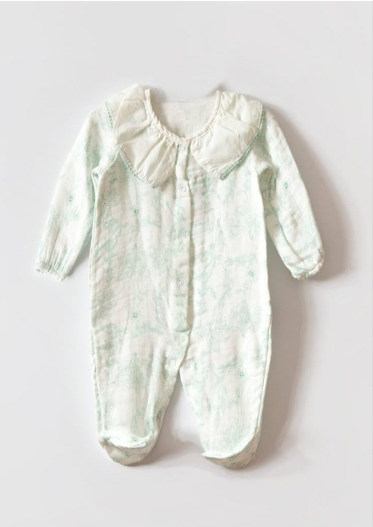 Organic Baby Muslin Romper — Mint Green Floral Summer Sleepsuit