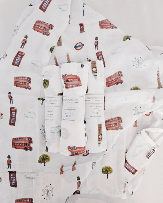 London Print Organic Muslin Baby Blanket 90X110cm