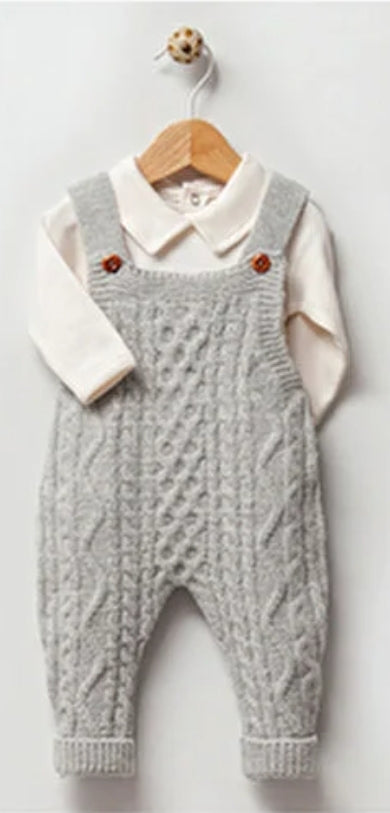 Chunky Cable Knit Baby Dungaree & Bodysuit Set - Grey