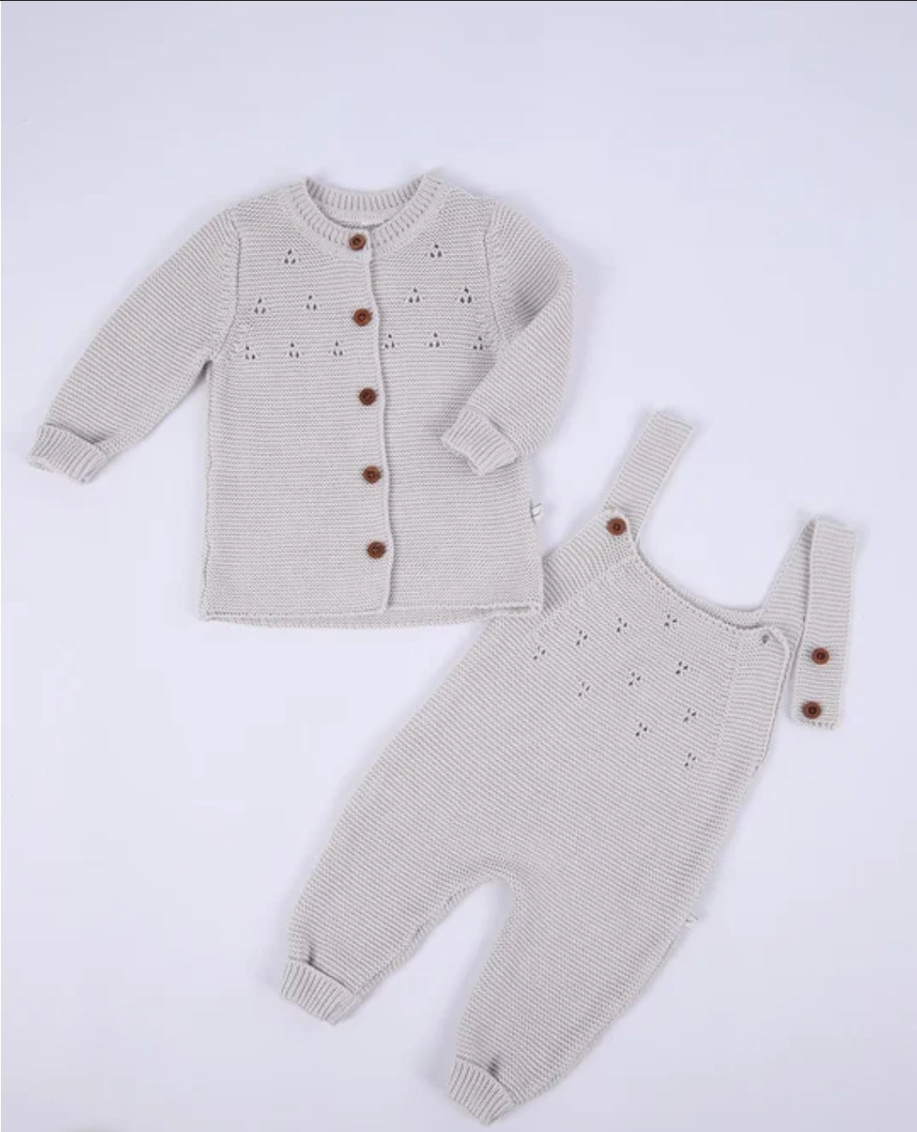 Organic Knit Dungaree & Cardigan Set - Soft Grey
