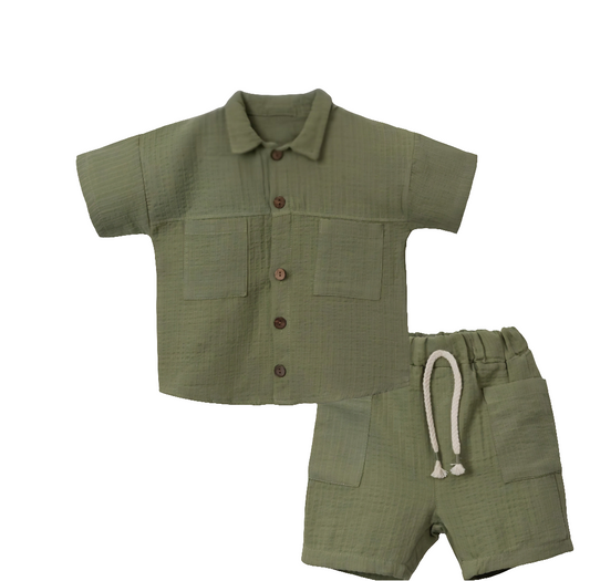 Organic Muslin Cotton Baby Boys Summer Shorts Set — Breathable 2-Piece Outfit (6-24 Months)