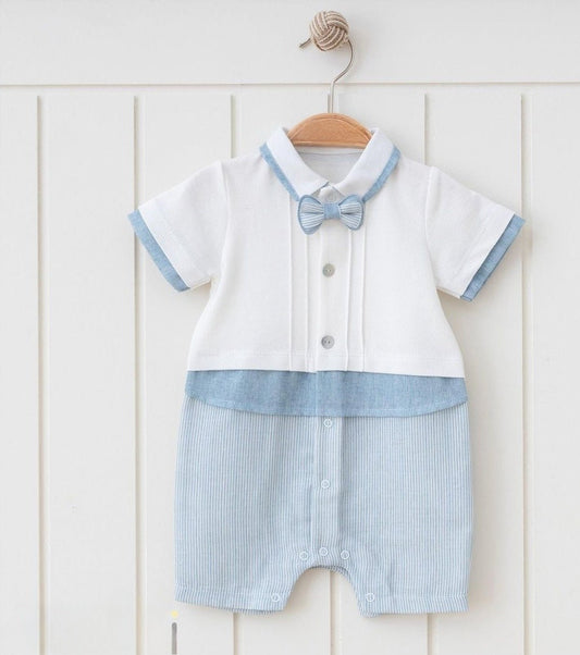 Luxury Cotton Bow Tie Romper - Blue - Organic little one