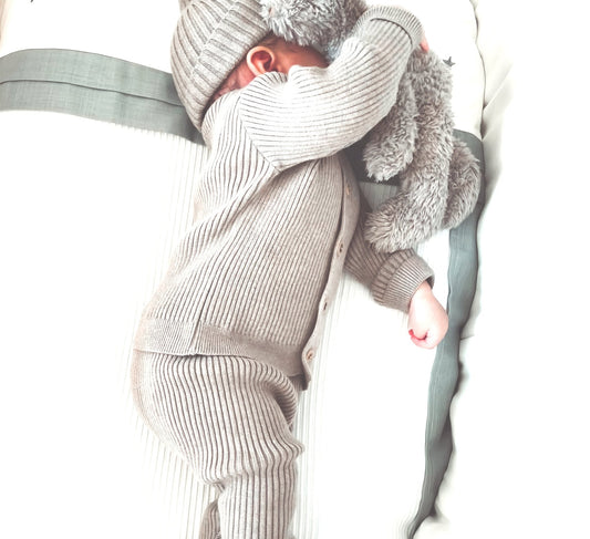 Organic Cotton Greige Knitted Baby Cardigan & Trouser Beanie Set - Organic little one