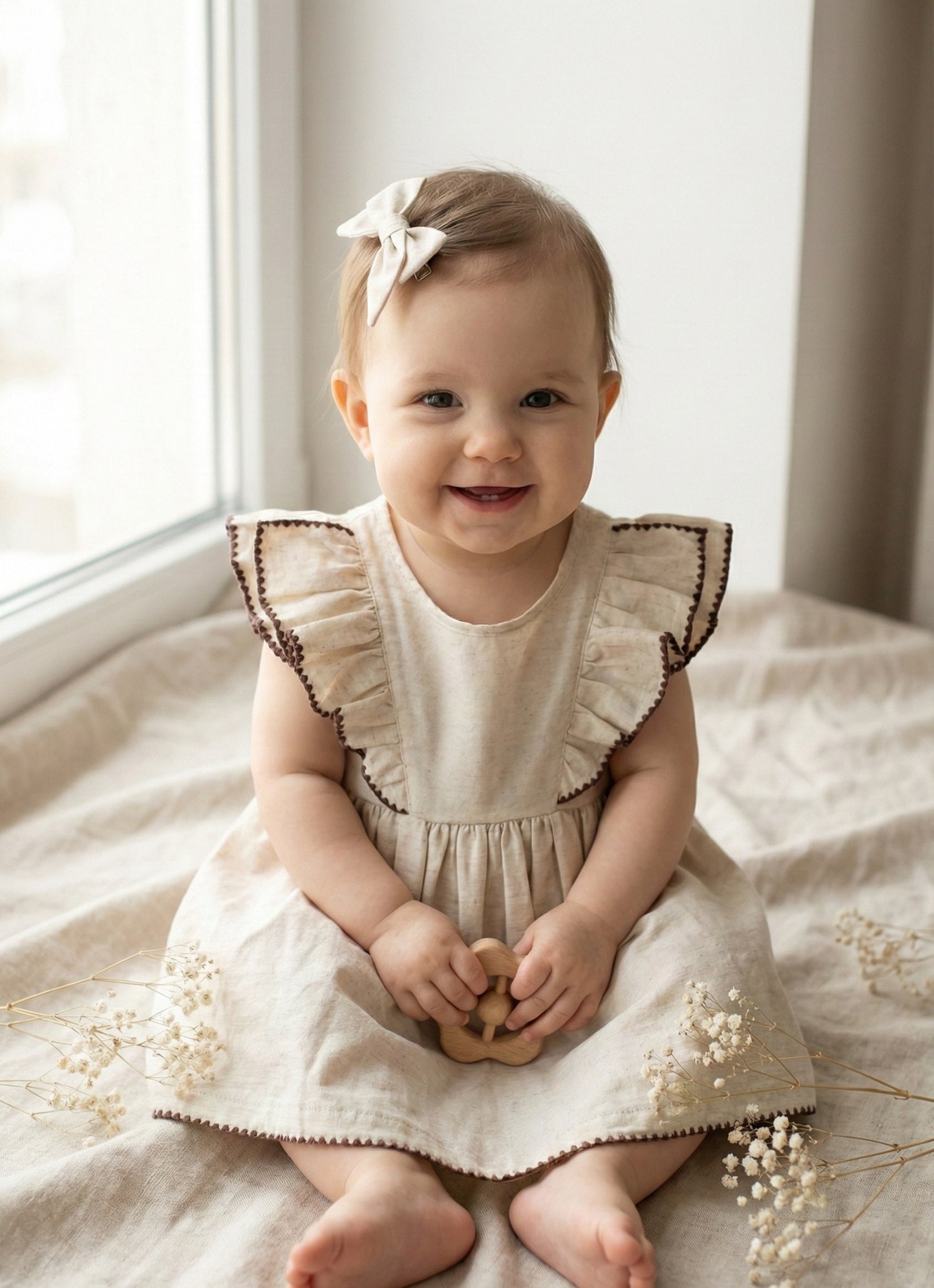 Linen Ruffle Baby Girl Dress with Matching Hair Clip Set -Beige