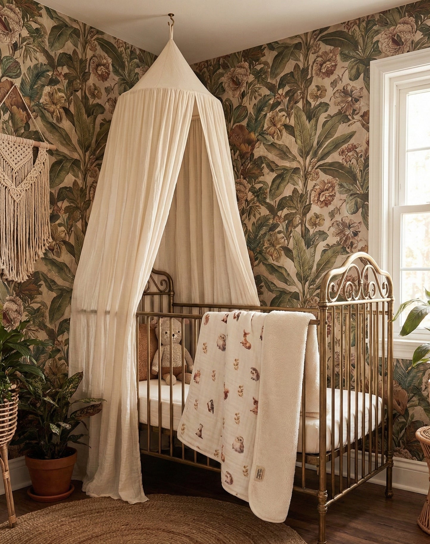 Woodland Animals Organic Muslin & Cotton Sherpa Double-Sided Baby Blanket (90 × 110 cm)