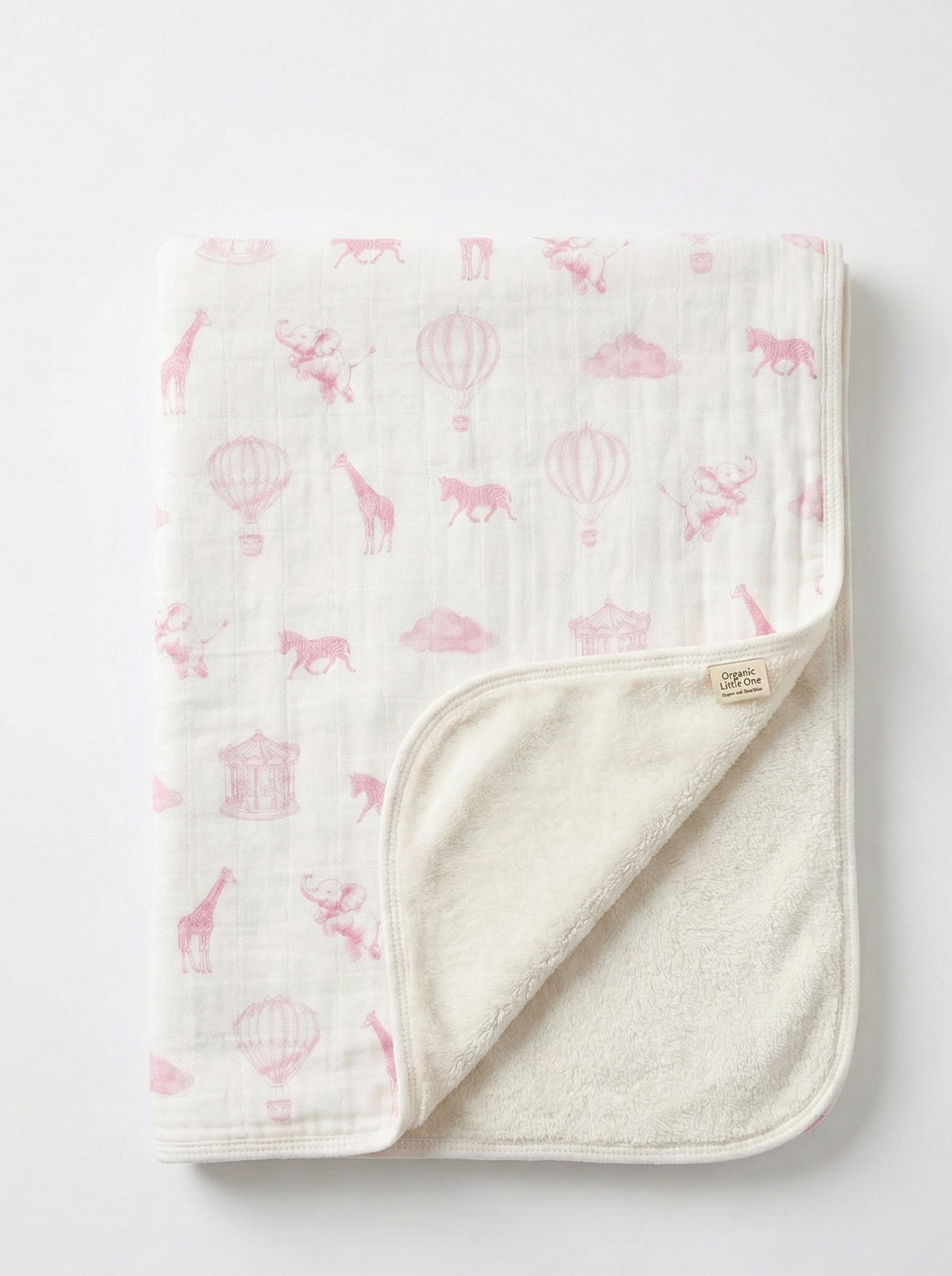 Blush Pink Safari Balloon Organic Muslin & Cotton Sherpa Double-Sided Baby Blanket (90 × 110 cm)