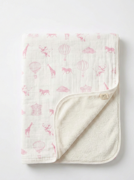 Blush Pink Safari Balloon Organic Muslin & Cotton Sherpa Double-Sided Baby Blanket (90 × 110 cm)
