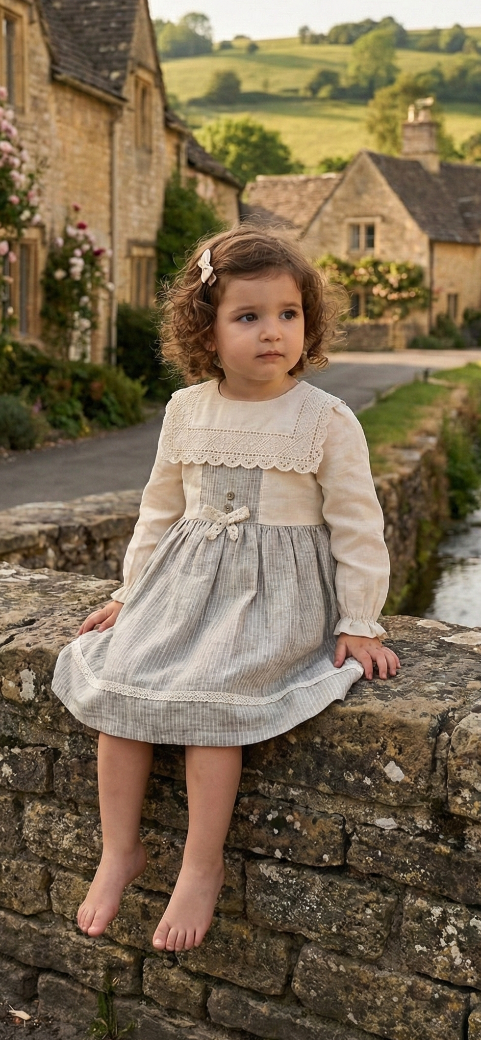 Vintage Lace Panel Linen Dress - Soft Oat & Natural Stripe
(Girls Linen Dress | 2-3 Years to 5-6 Years)