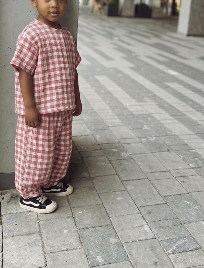 Organic Cotton Oversized Brick Red Gingham Set