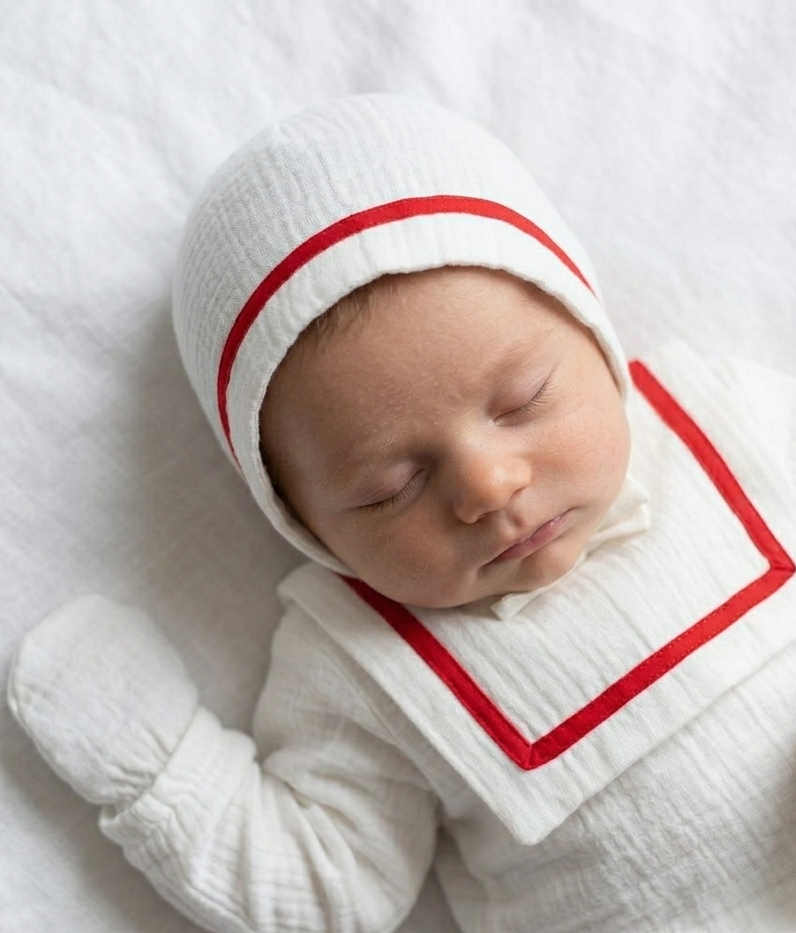 The First Voyage Sailor Romper & Bonnet Set – Red Trim