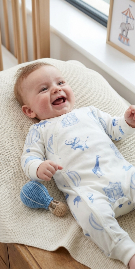 Hot Air Balloon & Animal Friends Organic Sleepsuit -Blue