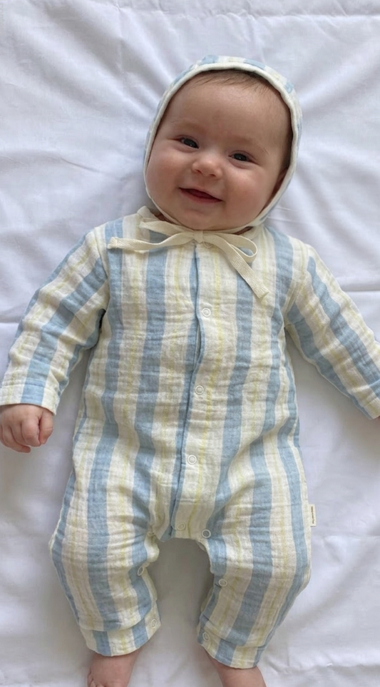 Pastel Blue & Butter Yellow Stripe Set with Matching Bonnet