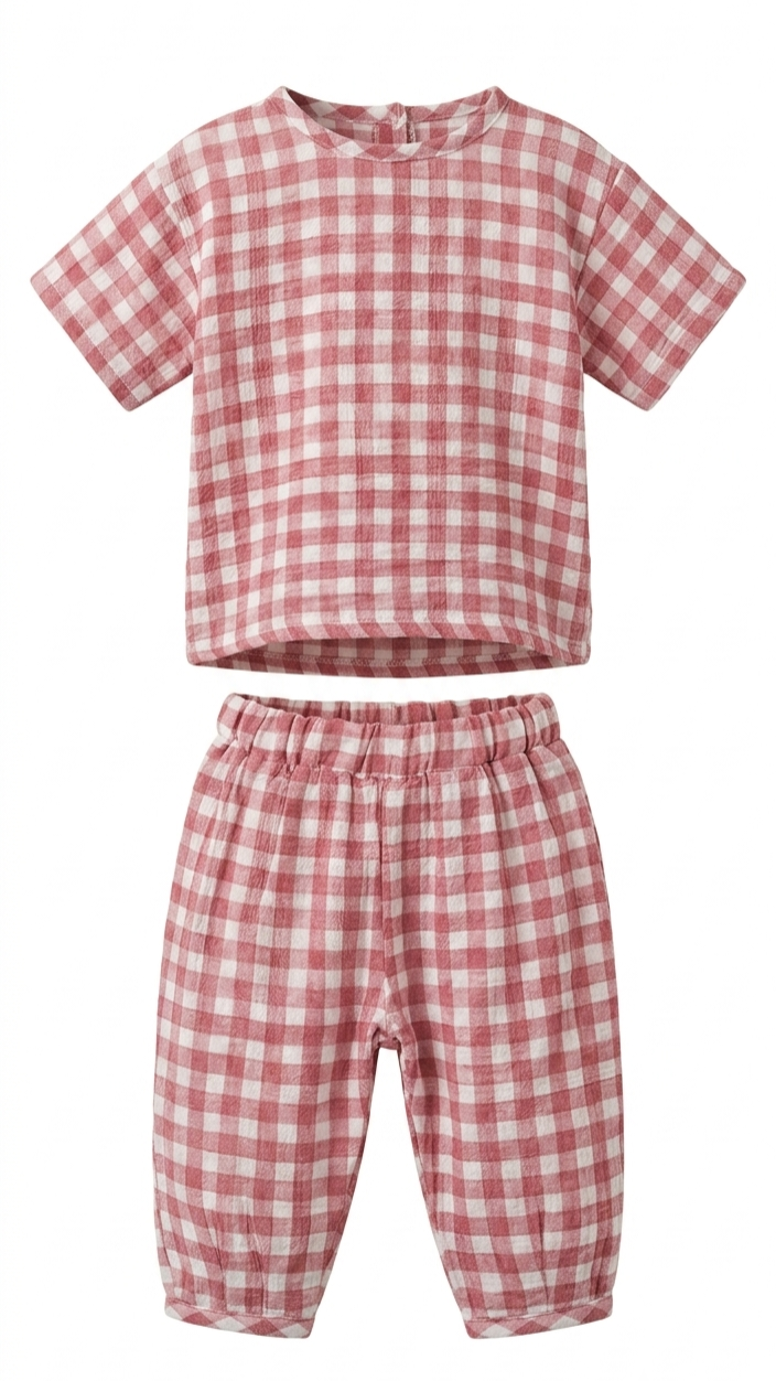 Organic Cotton Oversized Brick Red Gingham Set