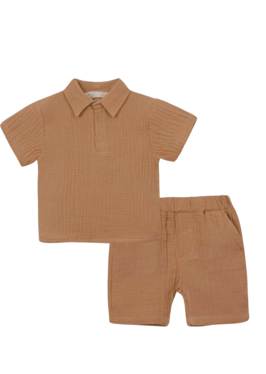 Organic Muslin Cotton Terracotta Pale Polo & Shorts Set (2-6 Years)