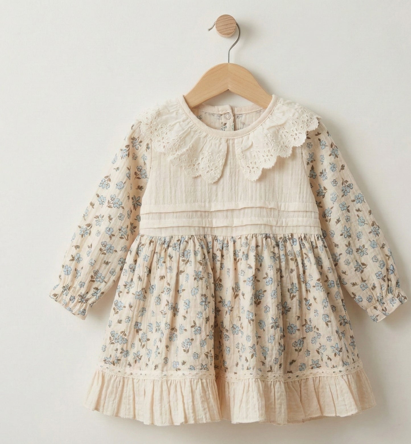 Blue Floral Muslin Cotton Dress with Lace Collar | Baby & Toddler