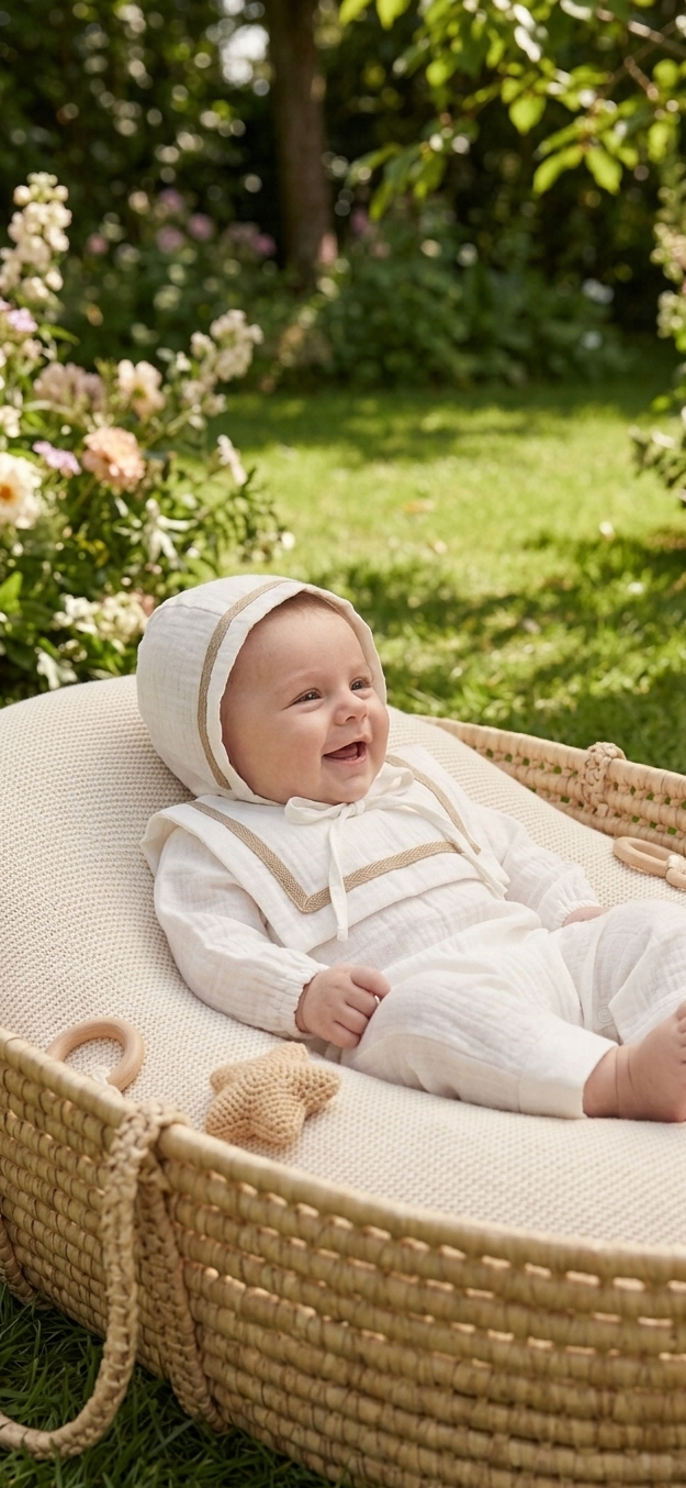 The First Voyage Sailor Romper & Bonnet Set – Sand Trim