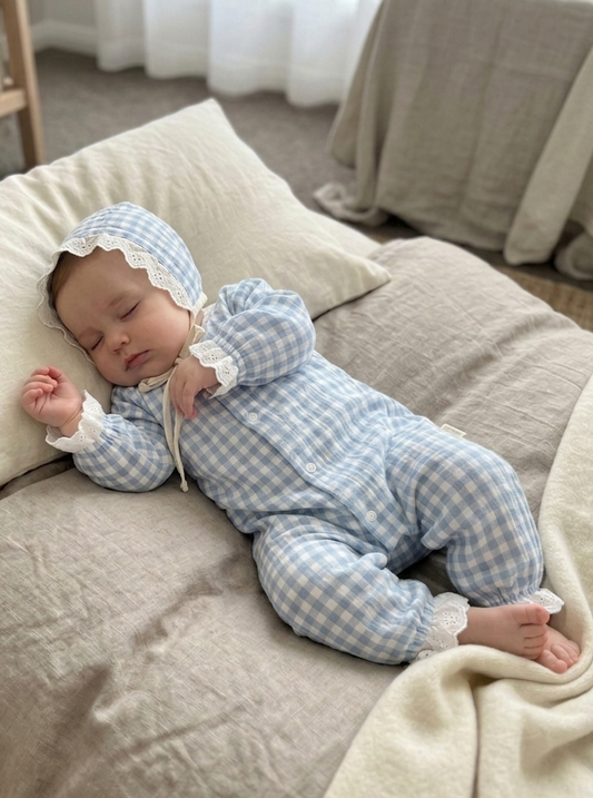 Cloud Blue Gingham Lace Sleepsuit & Matching Bonnet
