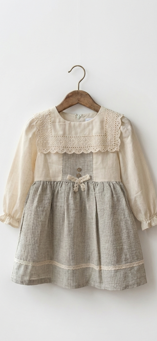 Vintage Lace Panel Linen Dress - Soft Oat & Grey Stripe
(Girls Linen Dress | 2-3 Years to 5-6 Years)