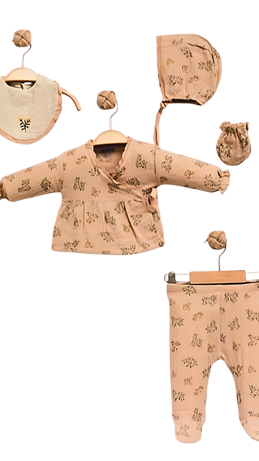 Rosewood Bloom Newborn Set – 5-Piece Organic Muslin Cotton Baby Outfit