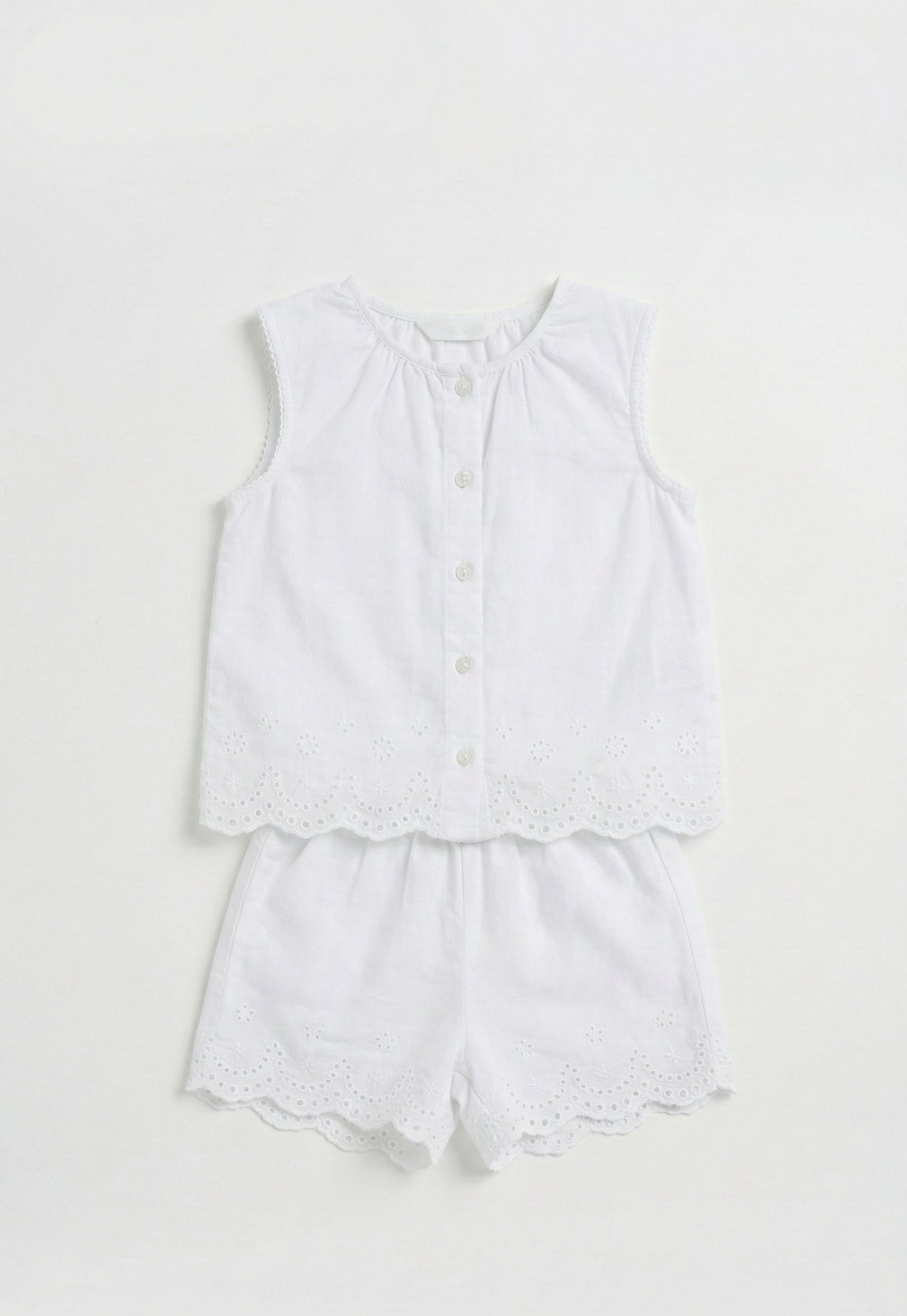Girls' Broderie Anglaise Cotton Short Set - White