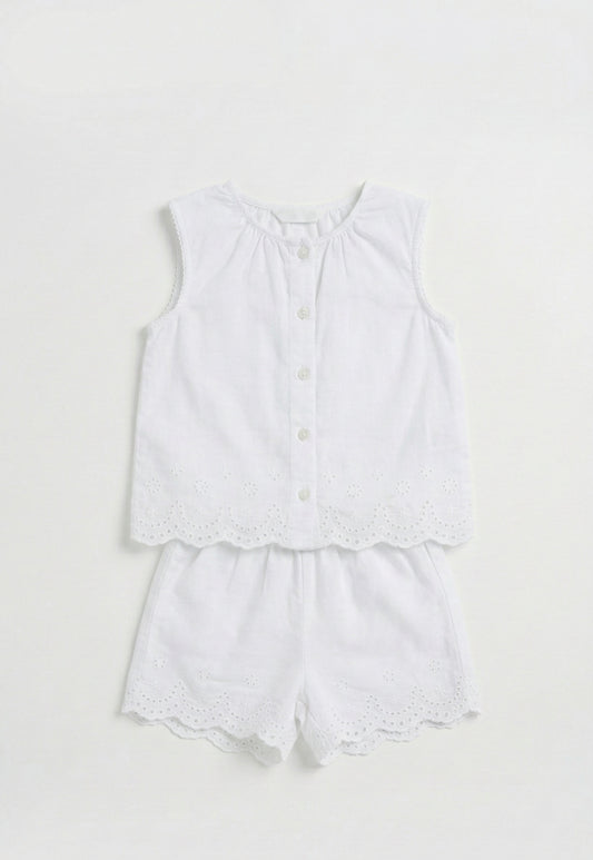 Girls' Broderie Anglaise Cotton Short Set - White