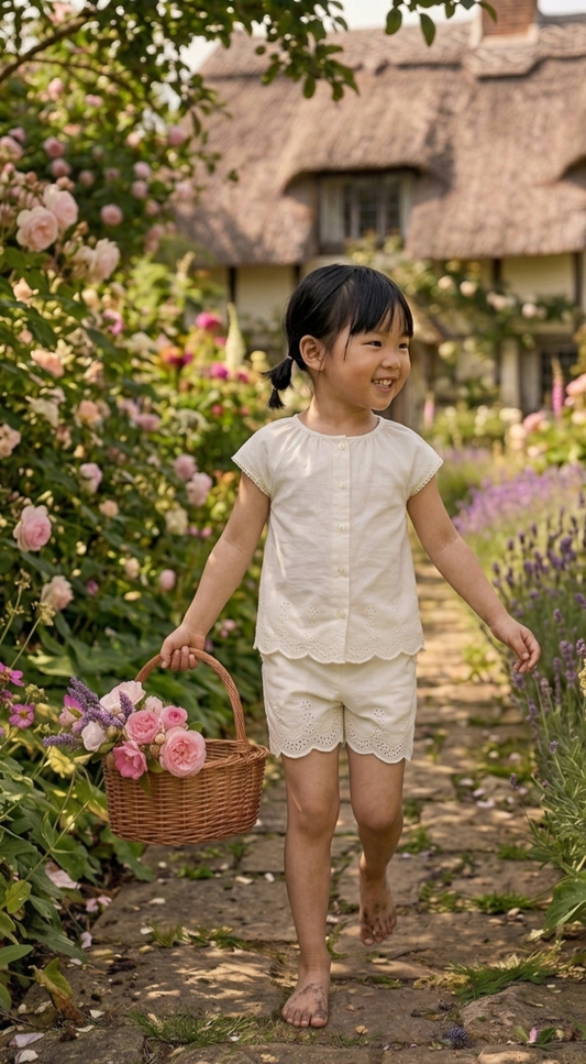 Girls' Broderie Anglaise Cotton Short Set - White