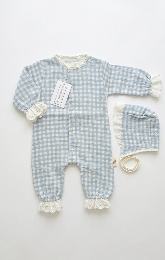 Cloud Blue Gingham Lace Sleepsuit & Matching Bonnet