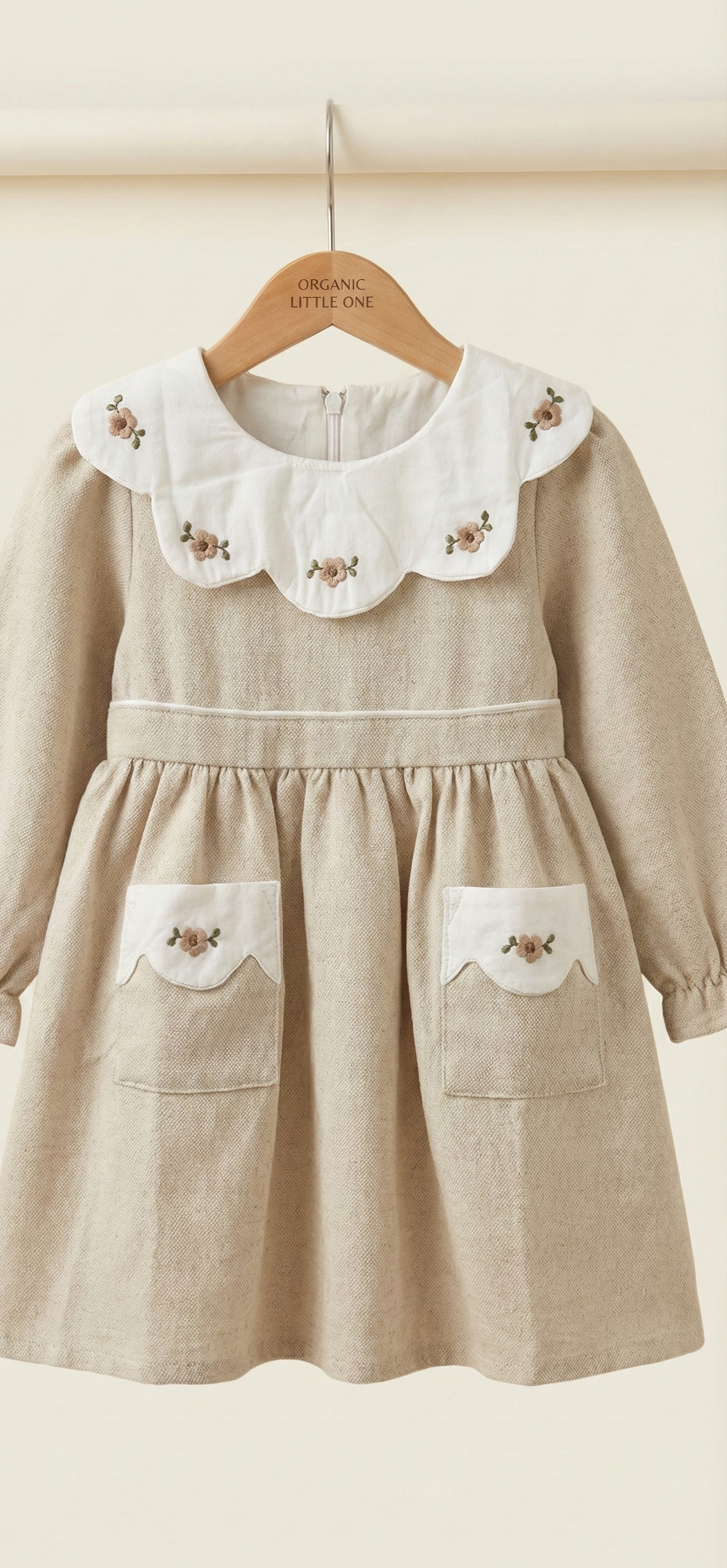 Scalloped Collar Organic Cotton Dress - Beige| Ages 2-5 Years