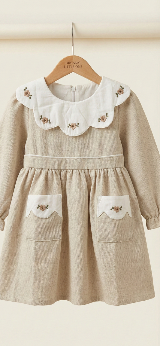 Scalloped Collar Organic Cotton Dress - Beige| Ages 2-5 Years