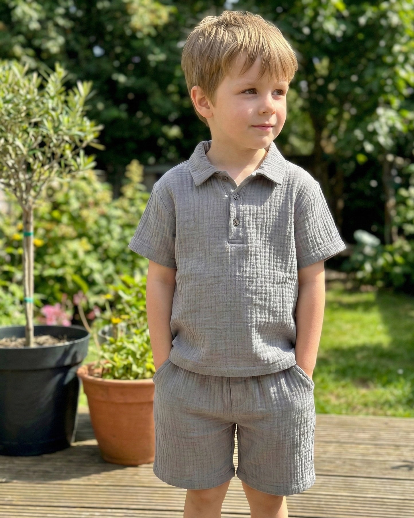 Organic Muslin Cotton Grey Polo & Shorts Set (2-6 Years)