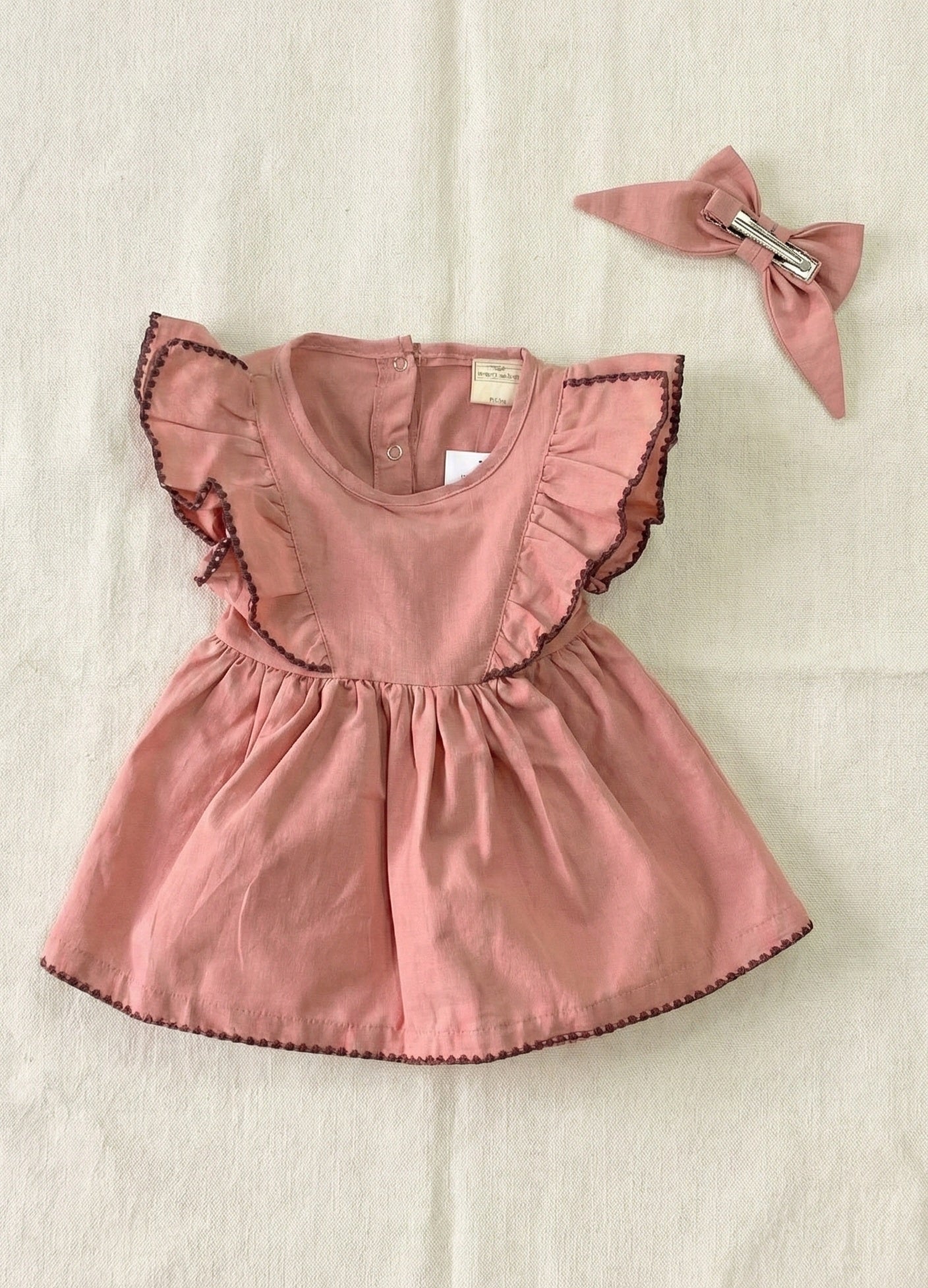 Linen Ruffle Baby Girl Dress with Matching Hair Clip Set -Coral