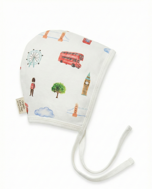 Adjustable London Baby Bonnet | Soft Breathable Cotton | One Size (Fits 0–9 Months)
